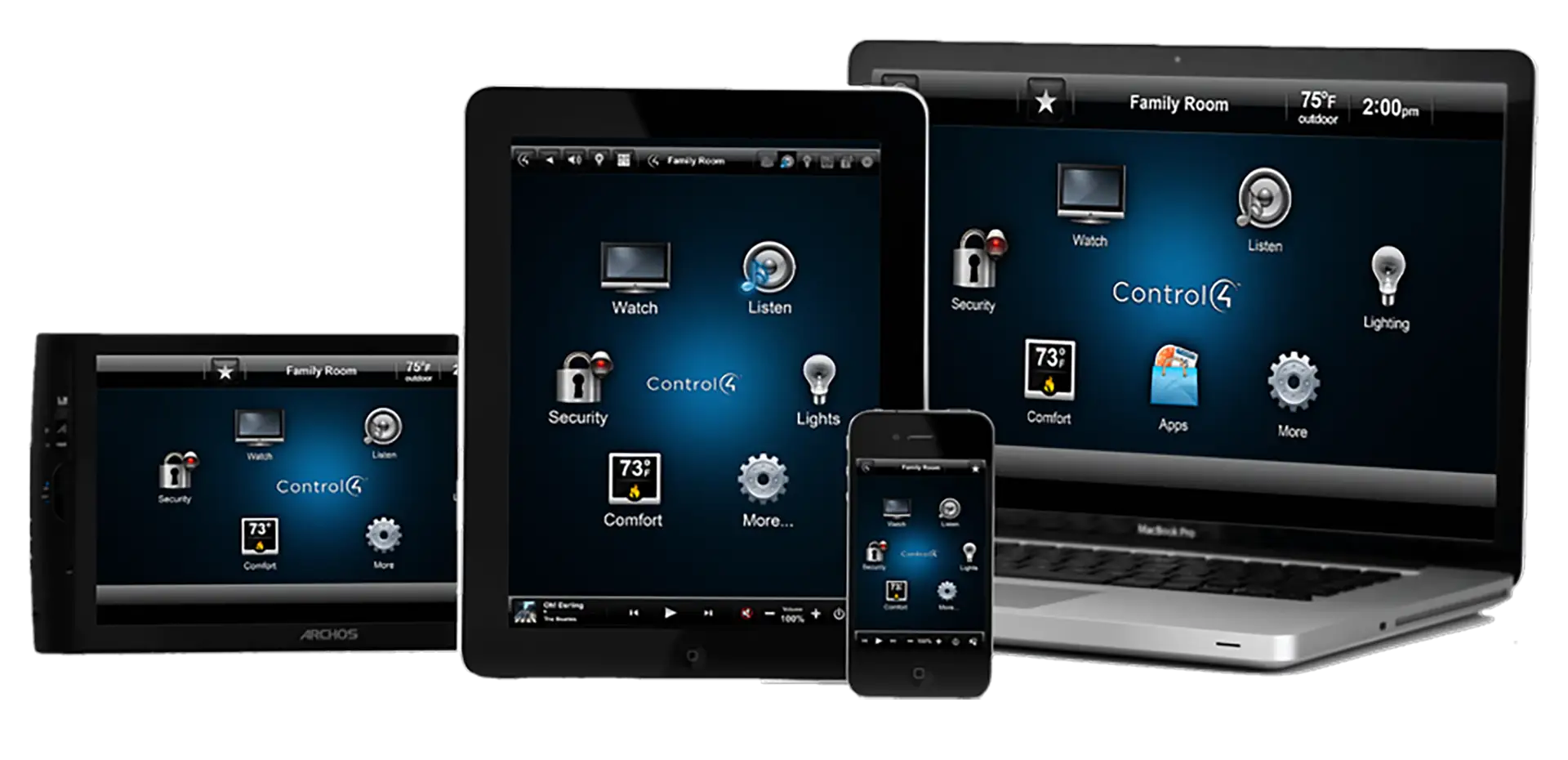 A wall panel, tablet, smartphone, and laptop assembled together, each displaying the same Control4 portal on screen