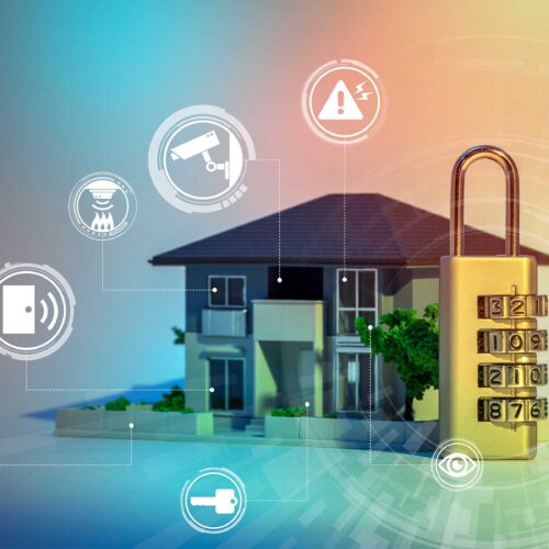 A picture of a model home flanked by a gold combination lock with home security icons superimposed over the image