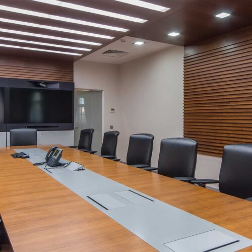 Modern conference room with high-tech office audio video installation