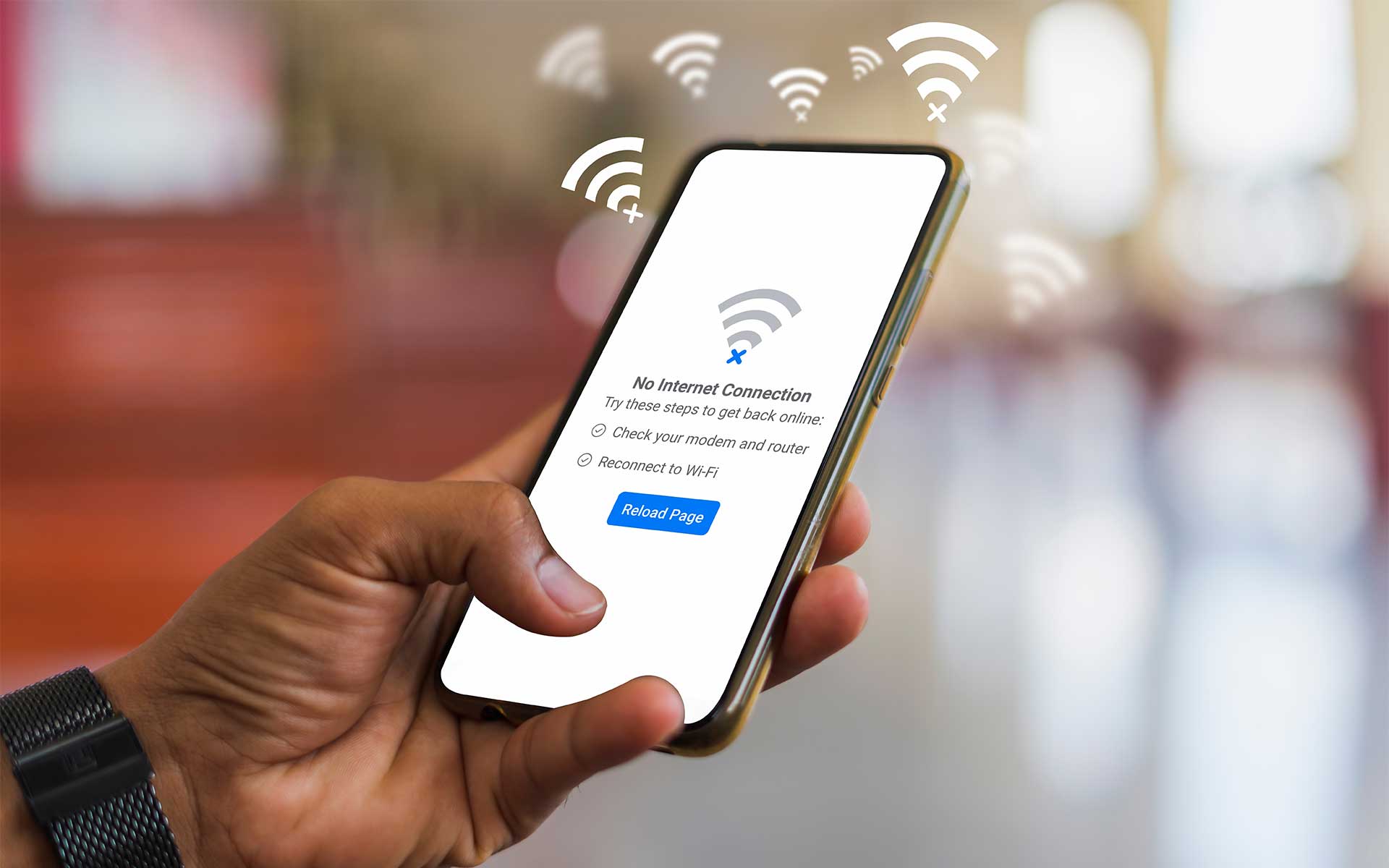 Mobile phone displaying no internet connection error, highlighting the importance of always-on internet services to stay connected