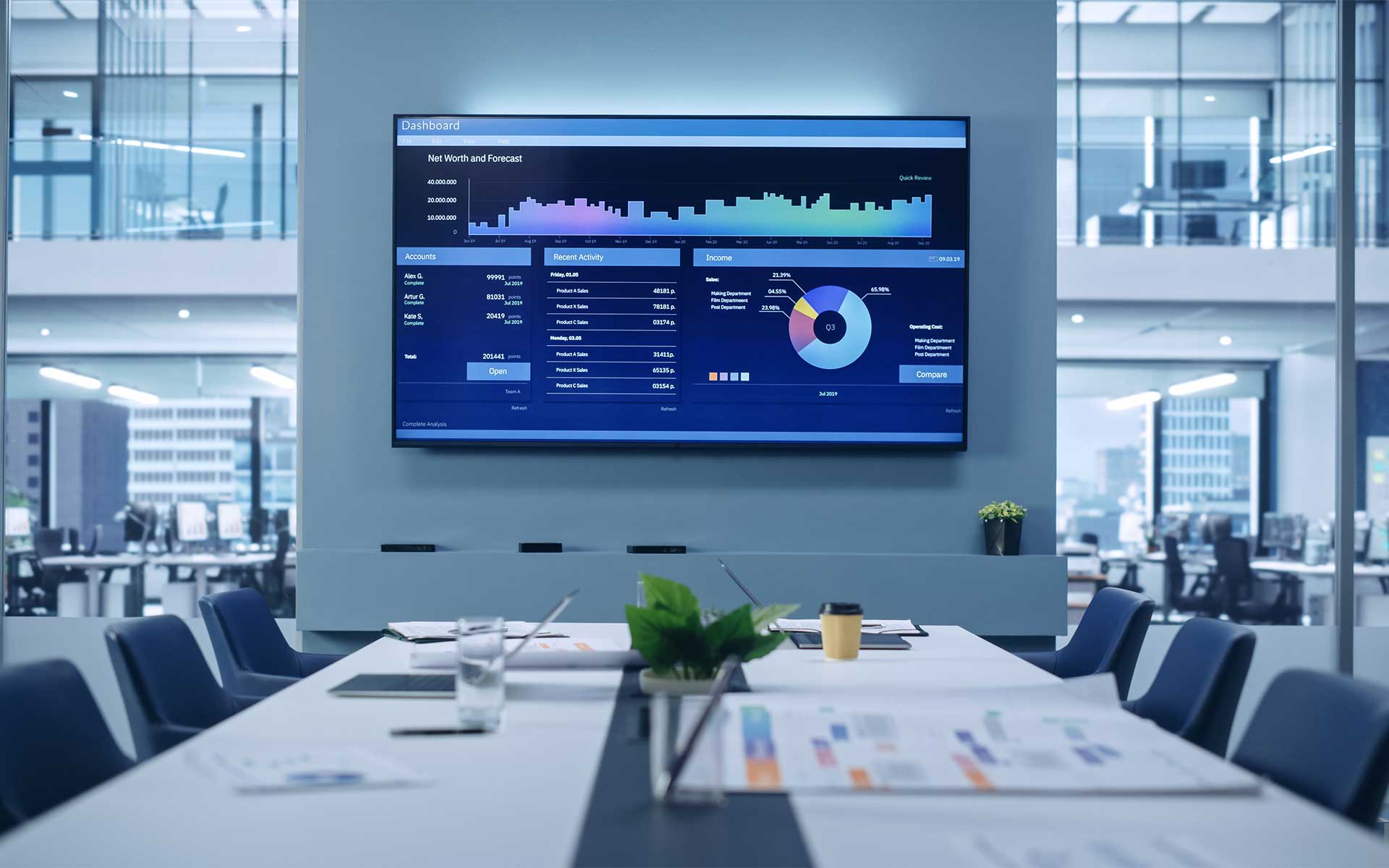 A modern glassed-in meeting room with a large projector screen mounted to the wall, displaying business charts
