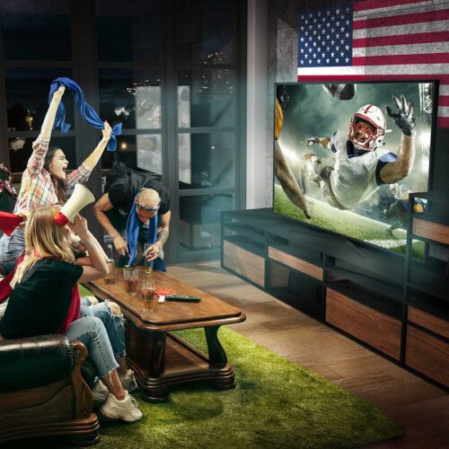 A group of friends watching a football game on TV in a sports room, getting emotional about a play