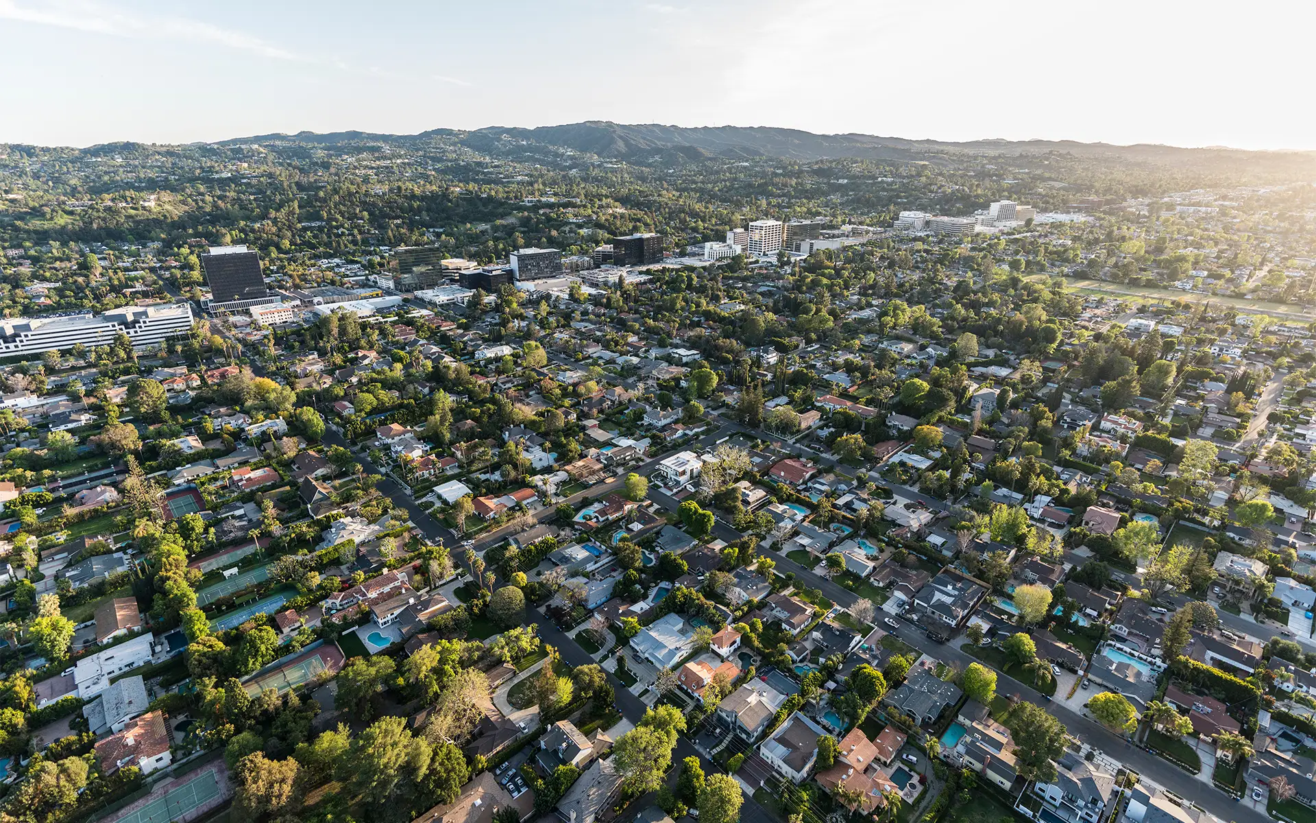 Late afternoon aerial view of Sherman Oaks, a Los Angeles suburb in the San Fernando Valley