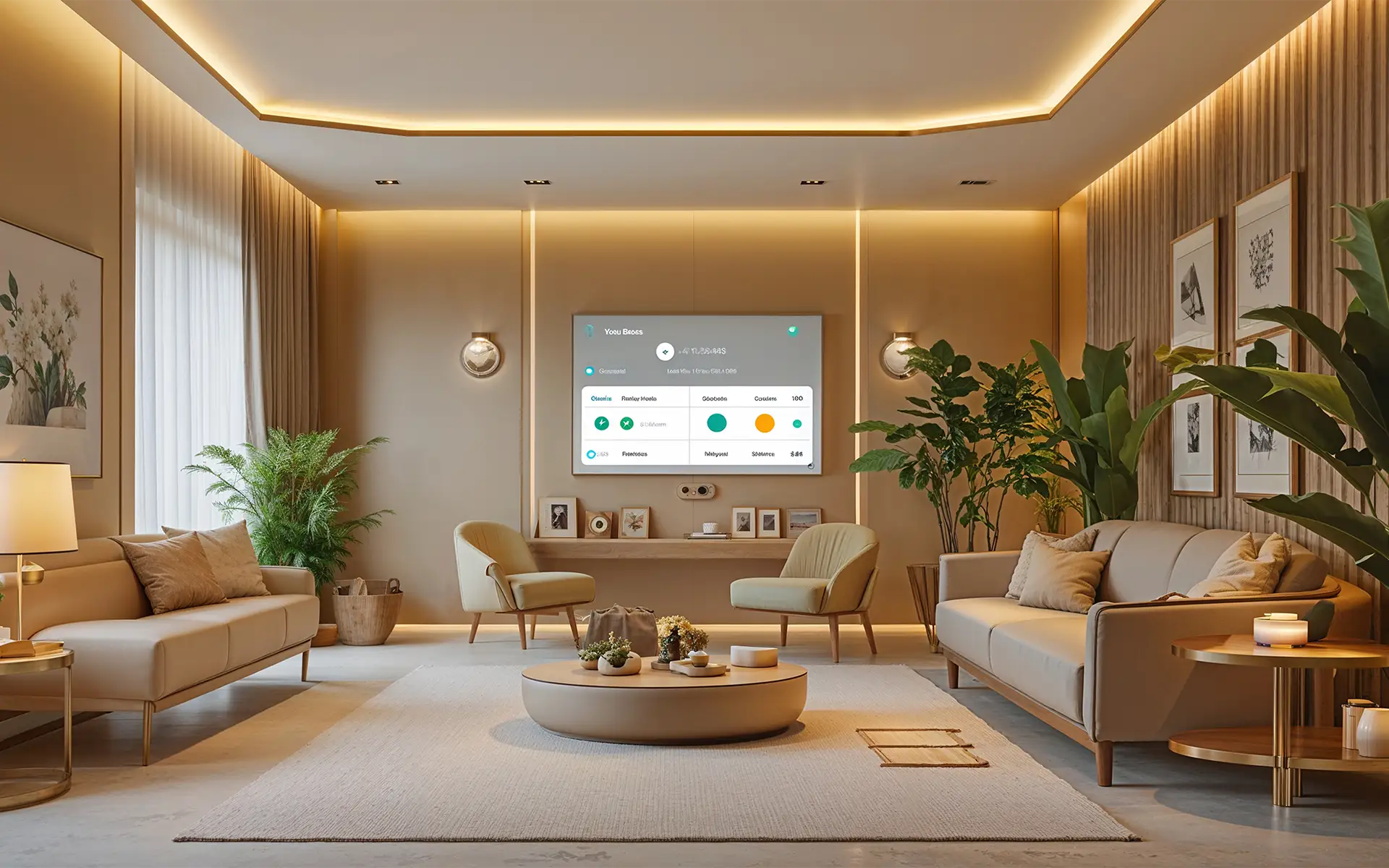 A high-end living room saturated in serene beige color, featuring smart home automation controls on a wall-mounted large screen TV