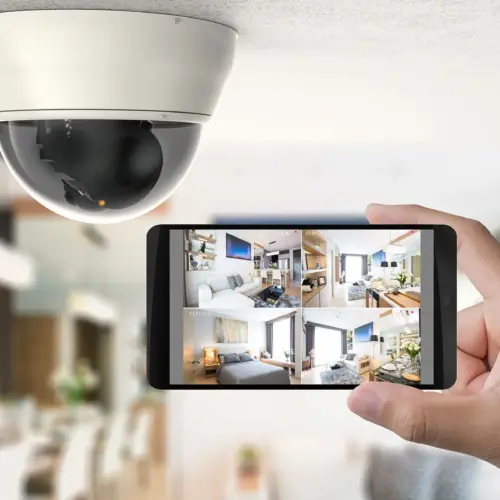 A hand holds a mobile phone under an indoor security camera with the screen displaying surveillance footage