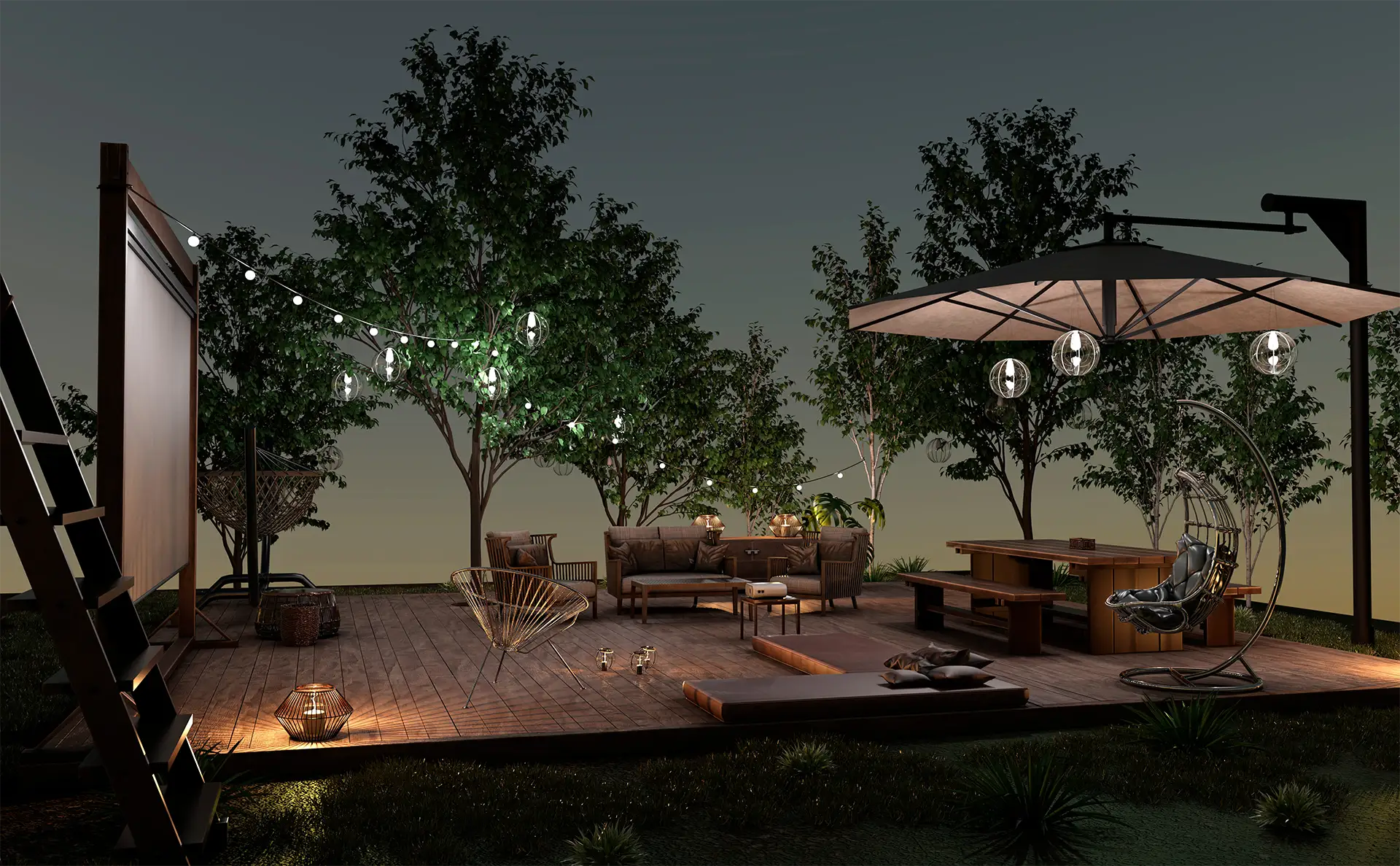 A 3D rendering of an outdoor projector screen on a patio in a backyard at night with ambient outdoor lighting