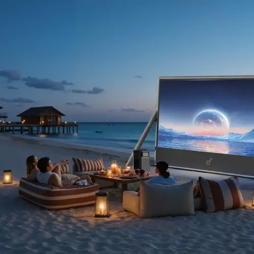 A beachside movie night at dusk, featuring the Anker Nebula X1 Pro portable projector and inflatable screen with viewers sitting in comfortable puffy chairs