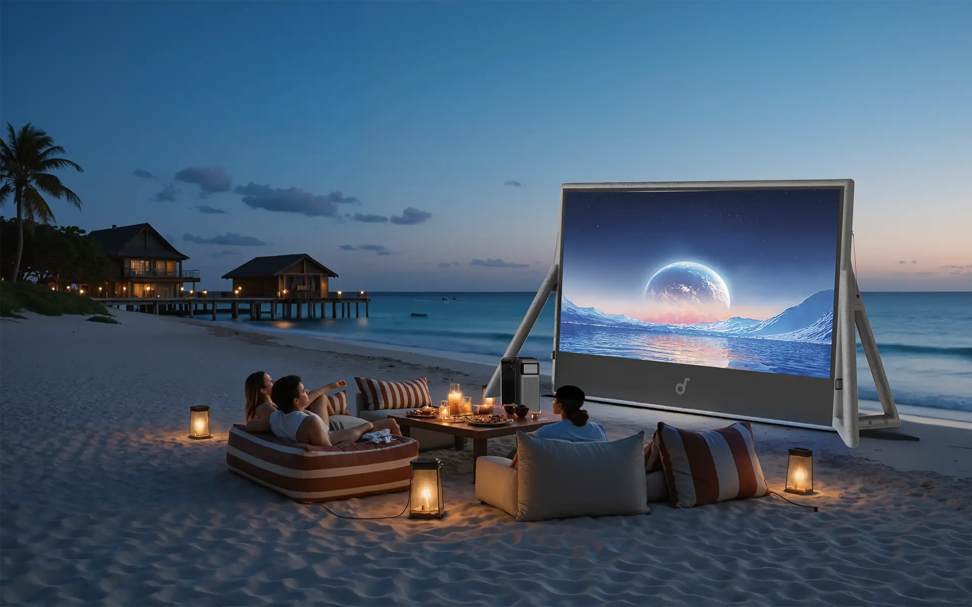 A beachside movie night at dusk, featuring the Anker Nebula X1 Pro portable projector and inflatable screen with viewers sitting in comfortable puffy chairs