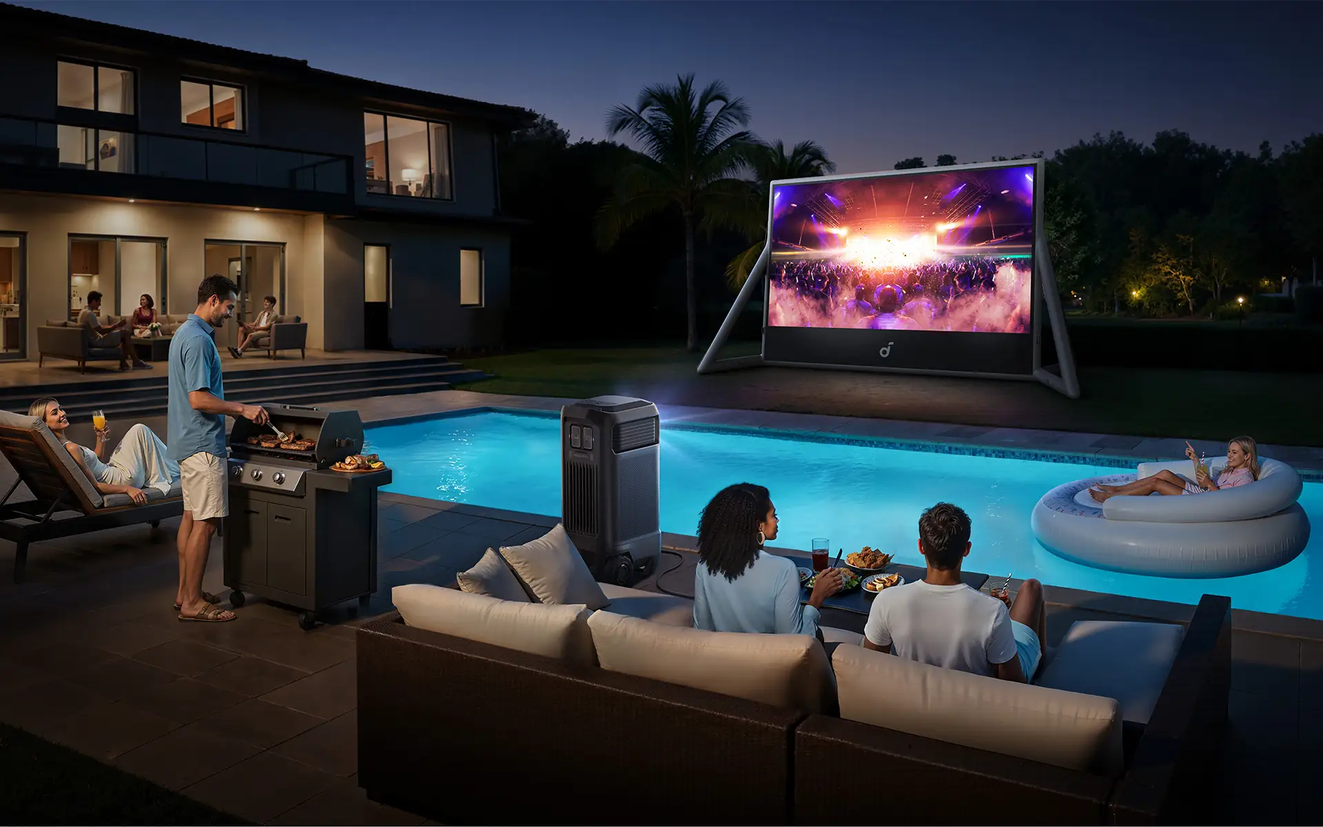 A backyard with a pool at dusk where people are gathered to watch fireworks on the Anker Nebula X1 Pro portable theater inflatable screen