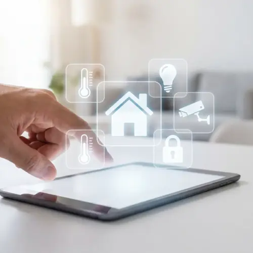 A hand interacting with a tablet sitting on a table in a living room, displaying a smart home control app