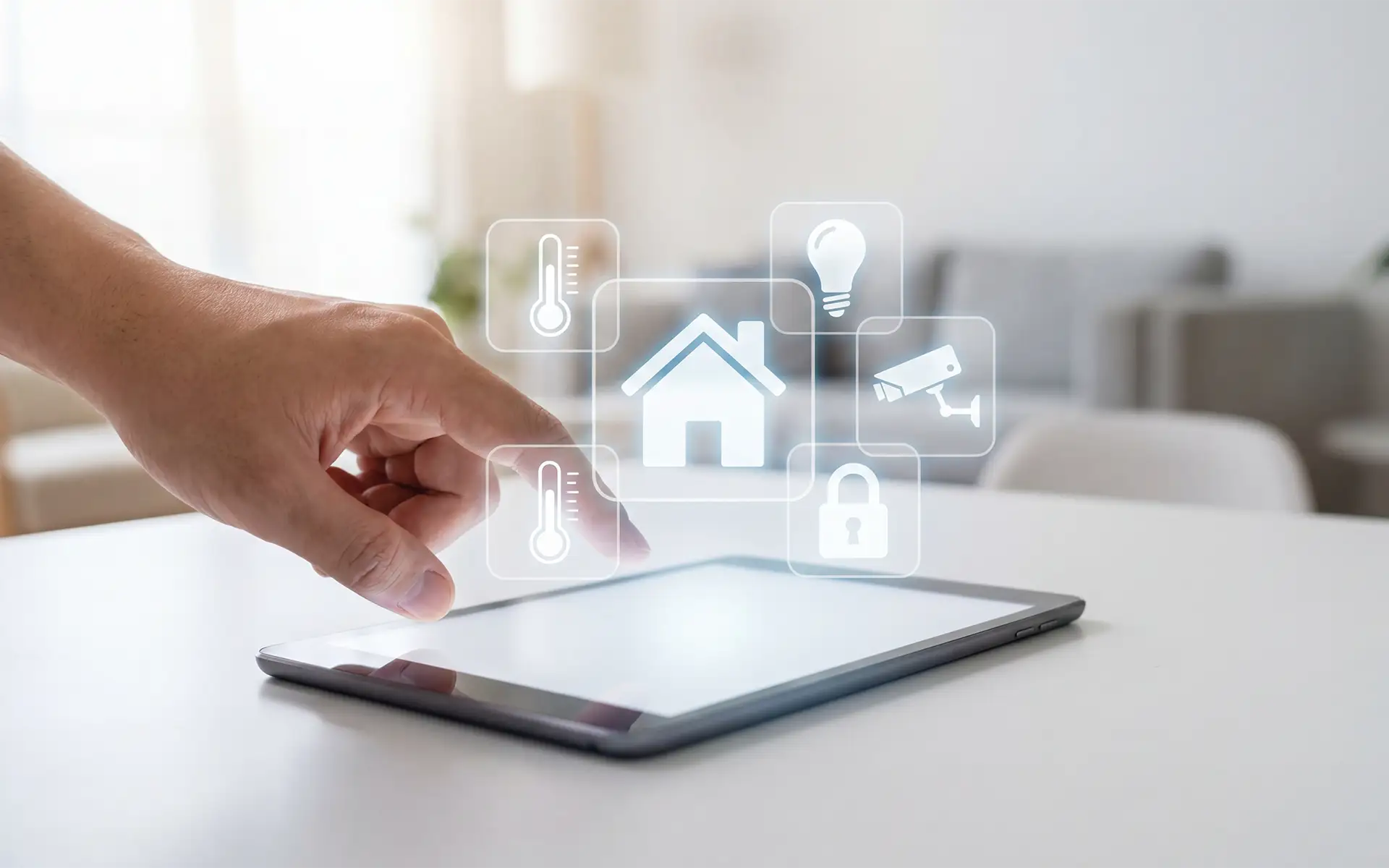 A hand interacting with a tablet sitting on a table in a living room, displaying a smart home control app