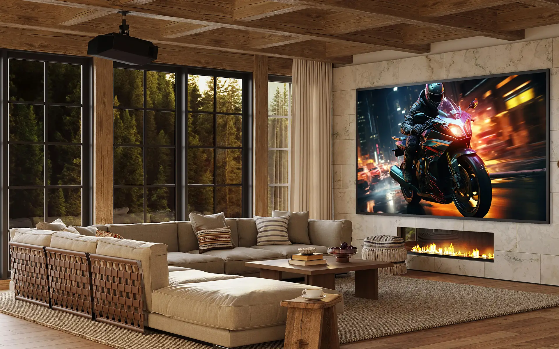 A theater room with a wood-paneled ceiling and a large tan sectional sofa facing a projector screen mounted above a fireplace on a stone feature wall